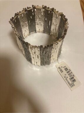 Textured Two-Tone Silver & Gunmetal Stretch Cuff Bracelet